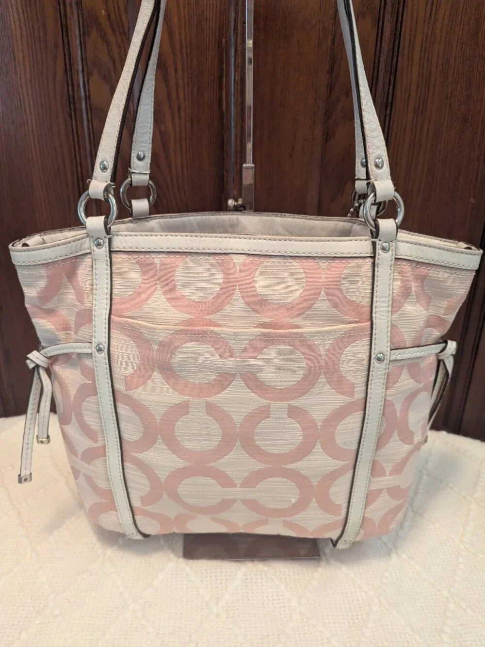 Coach Audrey Op Art Shantung Signature Pink & White Tote Crossbody 19572